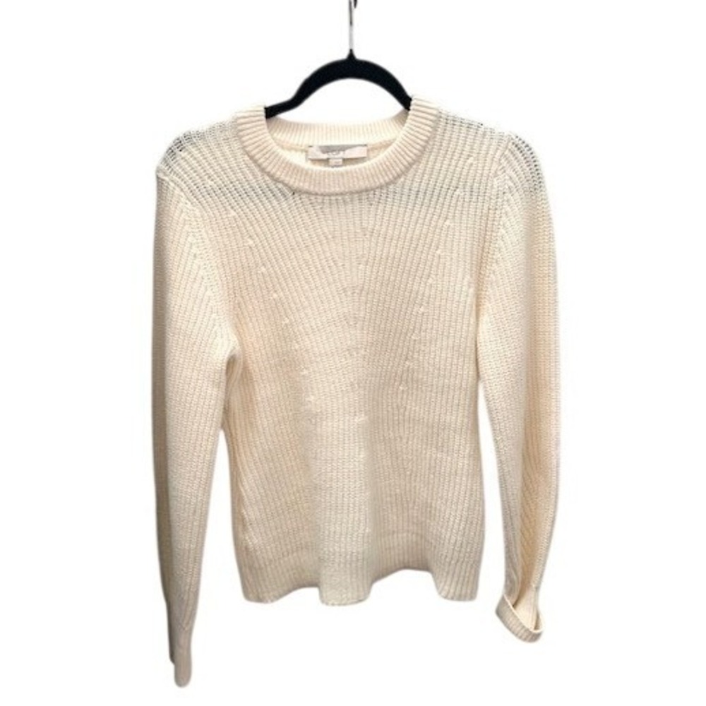 LOFT Womens Small Cream Ribbed Cotton Blend Crew‎ Neck Pullover Sweater RN140923